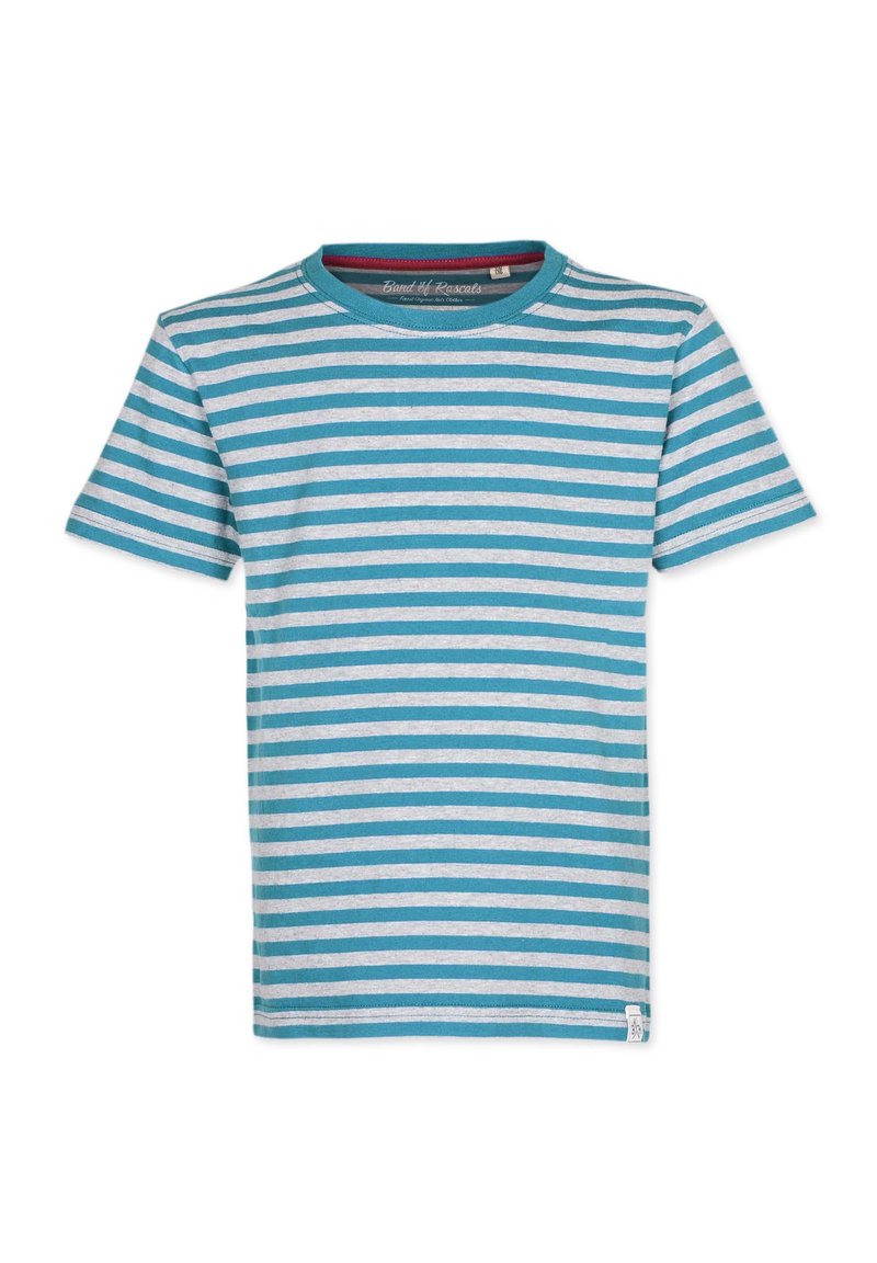 Kortærmet t-shirt med skiftende turkise og grå vandrette striber, lavet af blødt bomuld med rund halsudskæring.