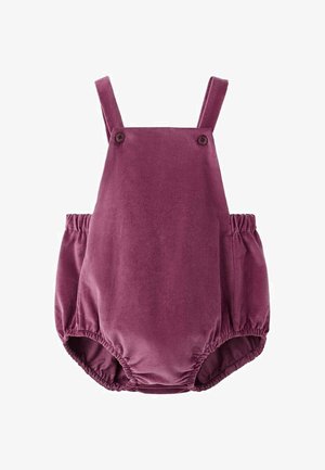 Samt-Spielanzug in tiefem Lila, mit verstellbaren Trägern, zwei Knöpfen oben und elastischem Bund für eine bequeme Passform.