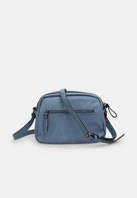 Modrá kožená crossbody taška s nastaviteľným popruhom, zipsovým hlavným priehradkom a vonkajším zipsovým vreckom. Hladký povrch.