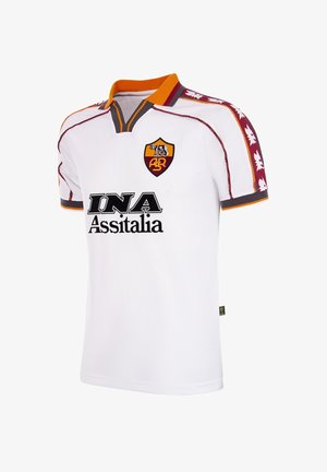 Maillot de football blanc avec des finitions bordeaux et orange, logo de l'AS Roma sur la poitrine, sponsor INA Assitalia et motifs décoratifs sur les manches.