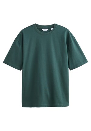 Tmavozelené tričko s krátkym rukávom a okrúhlym výstrihom, stredná veľkosť, jednofarebné bez viditeľných vzorov alebo log.