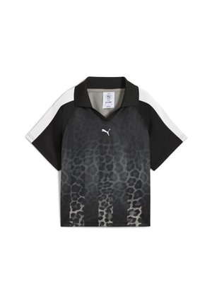 Polo shirt de sport noir avec un dégradé de motif léopard, doté de manches courtes et d'un col classique. Logo Puma sur la poitrine.