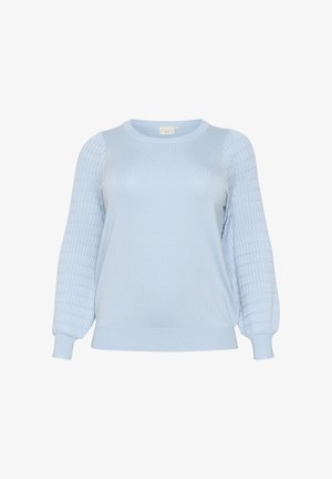 Maglione azzurro chiaro con scollatura rotonda e maniche a sbuffo texturizzate. Realizzato in materiale morbido, presenta un orlo a coste e dettagli intricati.