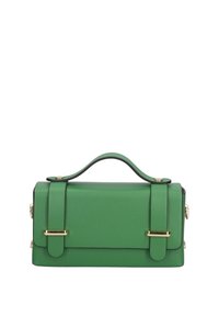 Borsa a tracolla in pelle verde con forma rettangolare, dettagli in hardware dorato e manico superiore. Presenta due cinghie laterali per la chiusura.