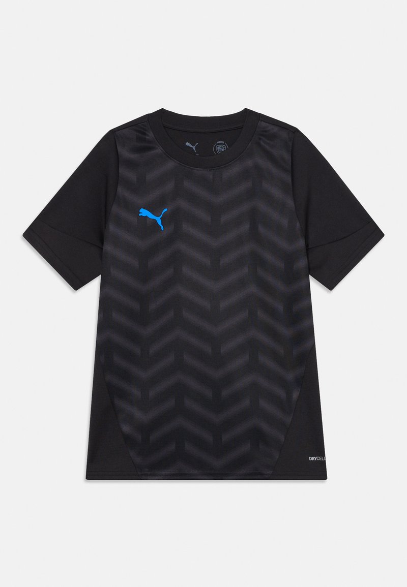 Črna športna majica s teksturiranim chevron vzorcem, kratkimi rokavi in svetlo modrim Puma logotipom na prsih. Narejena s tehnologijo DryCell.