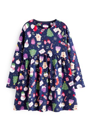 Vestido de manga larga en tela azul marino, con un patrón festivo de muñecos de nieve, árboles de Navidad, regalos y motivos invernales, con una falda de volantes.