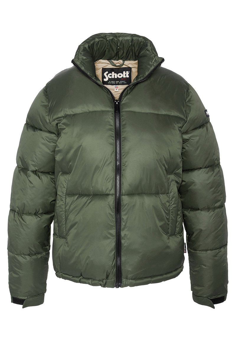 Veste matelassée verte avec un col montant, fermeture éclair à l'avant et grandes sections matelassées. Caractéristiques de zips et d'accents aux poignets noirs. Texture lisse et brillante.