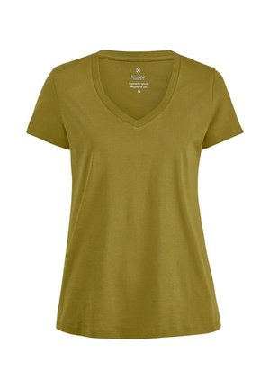 Olivgrünes Damen-T-Shirt mit V-Ausschnitt, kurzen Ärmeln, einfachem, glattem Stoff und lockerem Sitz.