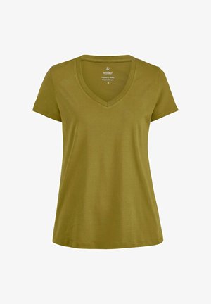 Olivengroen, dames T-shirt met korte mouwen en V-hals, gemaakt van een eenvoudige, gladde stof met een losse pasvorm.