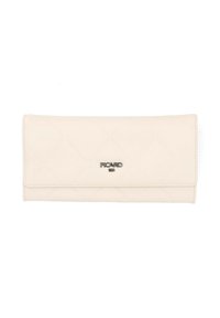 Cream-colored wallet made of textured synthetic leather, featuring a quilted diamond pattern and a metal logo plate.