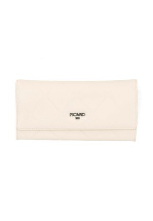 Cream-colored wallet made of textured synthetic leather, featuring a quilted diamond pattern and a metal logo plate.