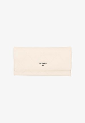 Cremfarbener Geldbeutel aus strukturiertem Kunstleder, mit einem gesteppten Rautenmuster und einer Metall-Logoplatte.