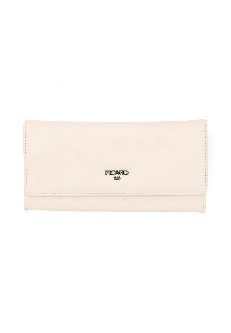 Cream-colored wallet made of textured synthetic leather, featuring a quilted diamond pattern and a metal logo plate.