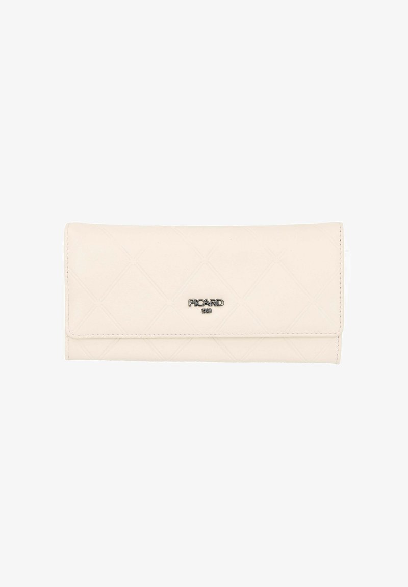 Cream-colored wallet made of textured synthetic leather, featuring a quilted diamond pattern and a metal logo plate.