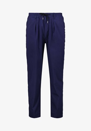 Pantalones casual azul marino con cintura elástica y cordón negro, con pliegues delanteros y bolsillos laterales.