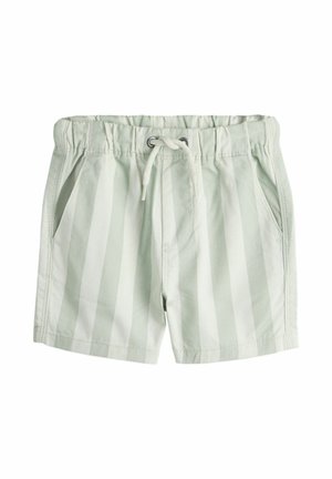 Light green and white vertical striped shorts with an elastic waistband, drawstring, and side pockets.