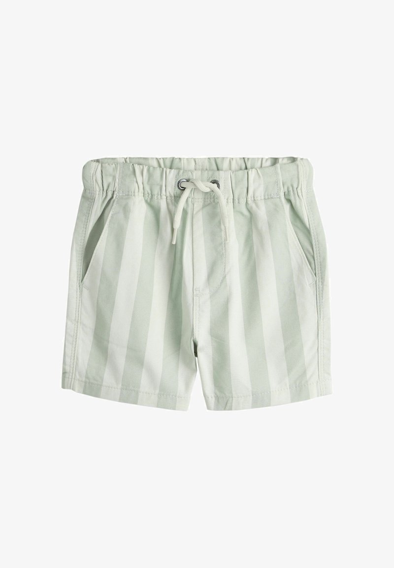 Hellgrüne und weiße Shorts mit vertikalen Streifen, einem elastischen Bund, Kordelzug und seitlichen Taschen.