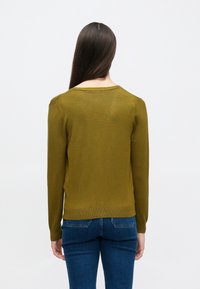 Pull vert olive avec un col rond, des manches longues et une texture douce. Le dos présente une construction simple et sans couture ainsi que des détails côtelés.