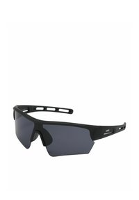 Schwarze Sportsonnenbrille mit einem schlanken Design, dunklen Gläsern und strukturierten Gummibereichen an der Nase und den Bügeln für besseren Halt.