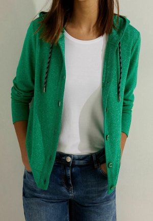 Personne portant un hoodie vert à boutons avec des cordons noirs, un t-shirt blanc et un jean bleu, les mains dans les poches.