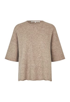 Ljusbrun, kortärmad topp gjord av mjukt tyg med rund halsringning och rak fåll, med en subtil textur genom hela plagget.