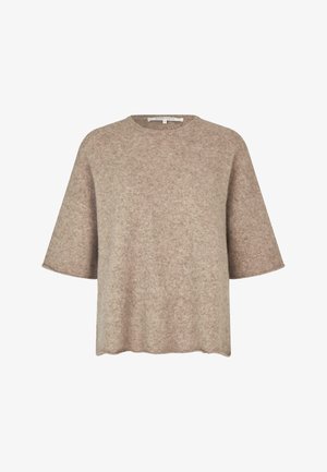Haut beige clair à manches courtes en tissu doux, avec un col rond et un ourlet droit, présentant une texture subtile sur l'ensemble.