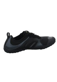 Black and gray athletic shoe with a mesh upper, textured accents, and a flexible rubber sole featuring a tread pattern for grip.