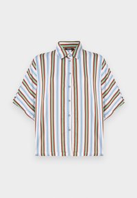 Camicia a maniche corte con bottoni, caratterizzata da righe verticali in rosso, blu, verde e bianco. Realizzata in tessuto leggero con colletto classico.