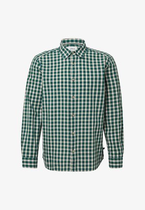 Vihreä ja valkoinen ruudullinen pitkähihaisten nappipaitojen, jossa on kaulus, esillä litteänä valkoista taustaa vasten.