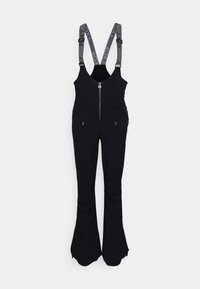 Schwarze Skihosen mit verstellbaren Trägern, Reißverschluss vorne und zwei Fronttaschen. Hergestellt aus strapazierfähigem Stoff mit einem ausgestellten Beindesign.