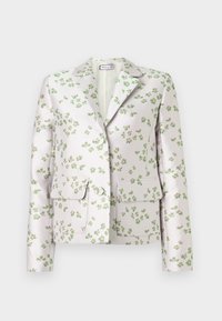Λευκό σακάκι με πράσινο φλοράλ μοτίβο, γιακά με εγκοπή, μακριά μανίκια, δύο τσέπες με καπάκι και κουμπιά στο μπροστινό μέρος.