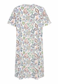 Kort blommig klänning med flerfärgade paisleymönster och blommor på vit bakgrund, med korta ärmar och avslappnad passform.