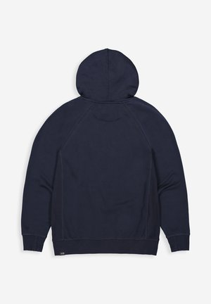 Donkerblauwe hoodie met een losse pasvorm, gemaakt van zachte stof. Voorzien van een capuchon, lange mouwen, geribbelde boorden en een gladde textuur.