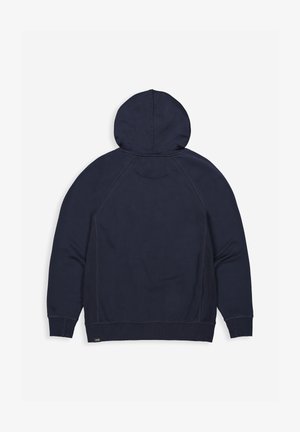 Donkerblauwe hoodie met een losse pasvorm, gemaakt van zachte stof. Voorzien van een capuchon, lange mouwen, geribbelde boorden en een gladde textuur.