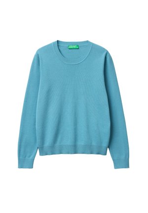 Pull à col rond à manches longues bleu clair avec poignets et ourlet côtelés, étalé à plat, montrant le devant et l'étiquette de marque verte au niveau du col.