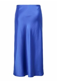 Satin midi sijonas ryškiai mėlynos spalvos. Sklandus paviršius, plačios apačios, paprastas dizainas. Nėra matomų siūlių ar puošmenų.