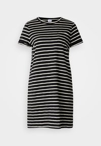 Robe rayée noir et blanc en coton, avec un col rond, des manches courtes et une petite poche poitrine.