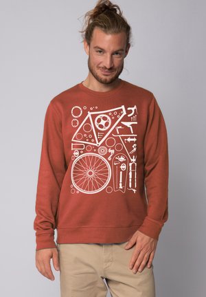 Roestkleurige sweatshirt met een witte grafische print van fietsgereedschap, tandwielen en een wiel, met een gestructureerde stof en geribbelde boorden.