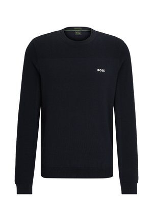 Navy blue sweater with long sleeves, ribbed texture, round neckline, and a small white "BOSS" logo on the chest.
