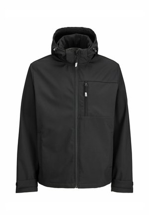 Svart hettejakke med frontglidelås, glidelåslomme på brystet, justerbare mansjetter og snorer på hetten.