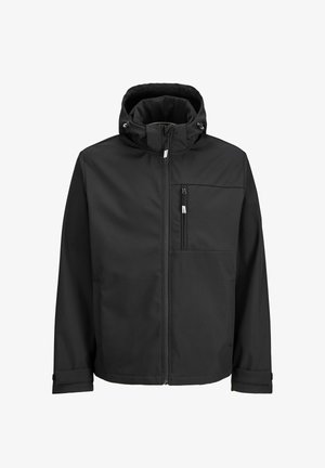 Crna jakna s kapuljačom, prednjim patentnim zatvaračem, džepom na prsima sa zatvaračem, podesivim manžetnama i vrpcama za stezanje na kapuljači.