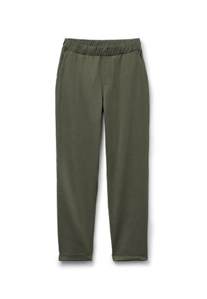 Casual broek in olijfgroen met elastische tailleband, zijzakken en rechte pijpen, platliggend weergegeven op een witte achtergrond.