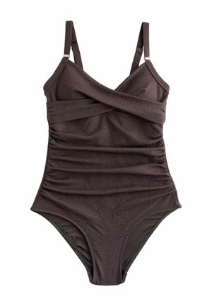 Dunkelbrauner, strukturierter Einteiler mit verstellbaren Schultergurten und einem Wickeldesign mit gerafftem Oberteil.