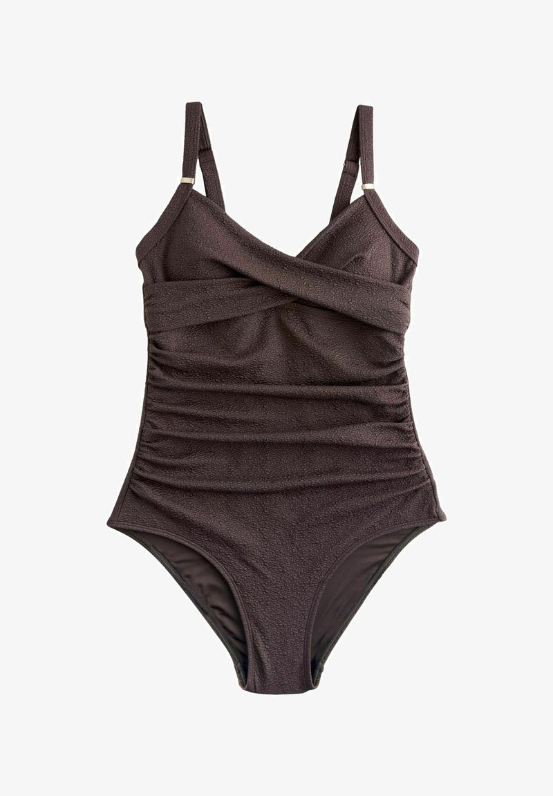 Costume intero marrone scuro con trama, dotato di spalline regolabili e corpetto incrociato arricciato.