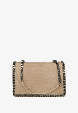 Beige faux leather handbag with a textured crocodile pattern, featuring a silver chain strap and trim around the edges.