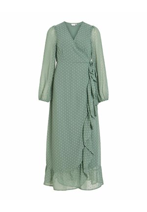 Zelené midi zavinovací šaty s dlouhými rukávy, jemným puntíkovým vzorem, volánkovým lemem vpředu i na spodním okraji a elastickými manžetami.