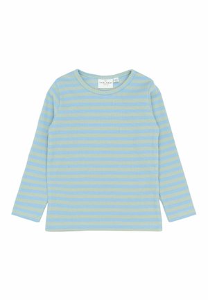 Light blue long-sleeve top featuring horizontal green stripes. Made from ribbed material with a crew neckline. Tag displayed inside.