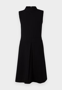 Black sleeveless dress with a high neckline, fitted bodice, and pleated skirt. Smooth fabric with a back zipper closure.