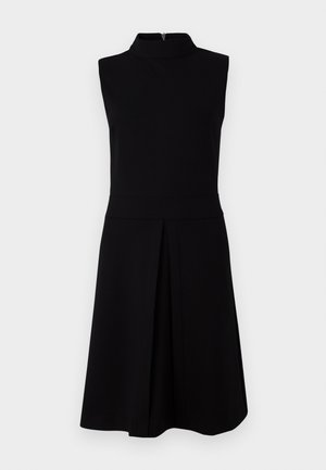 Black sleeveless dress with a high neckline, fitted bodice, and pleated skirt. Smooth fabric with a back zipper closure.