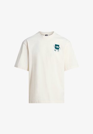Koszulka z krótkim rękawem w kolorze kremowym z małą grafiką niebieskiego logo w kształcie kwadratu idącego oraz napisem „The North Face” na lewej piersi.